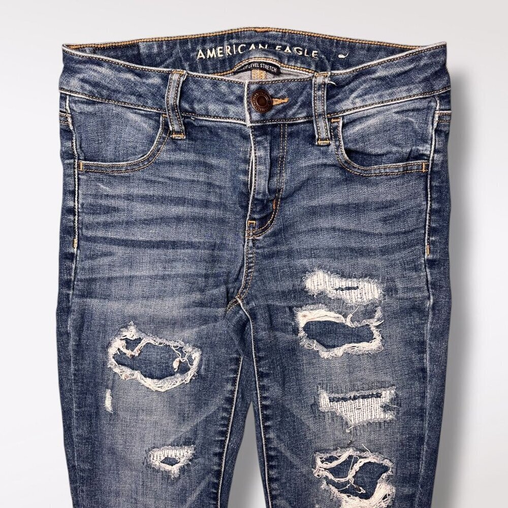 American Eagle Jeggings Distressed Dark Wash Low Rise Skinny Jeans Size 4 Short - Picture 2 of 10
